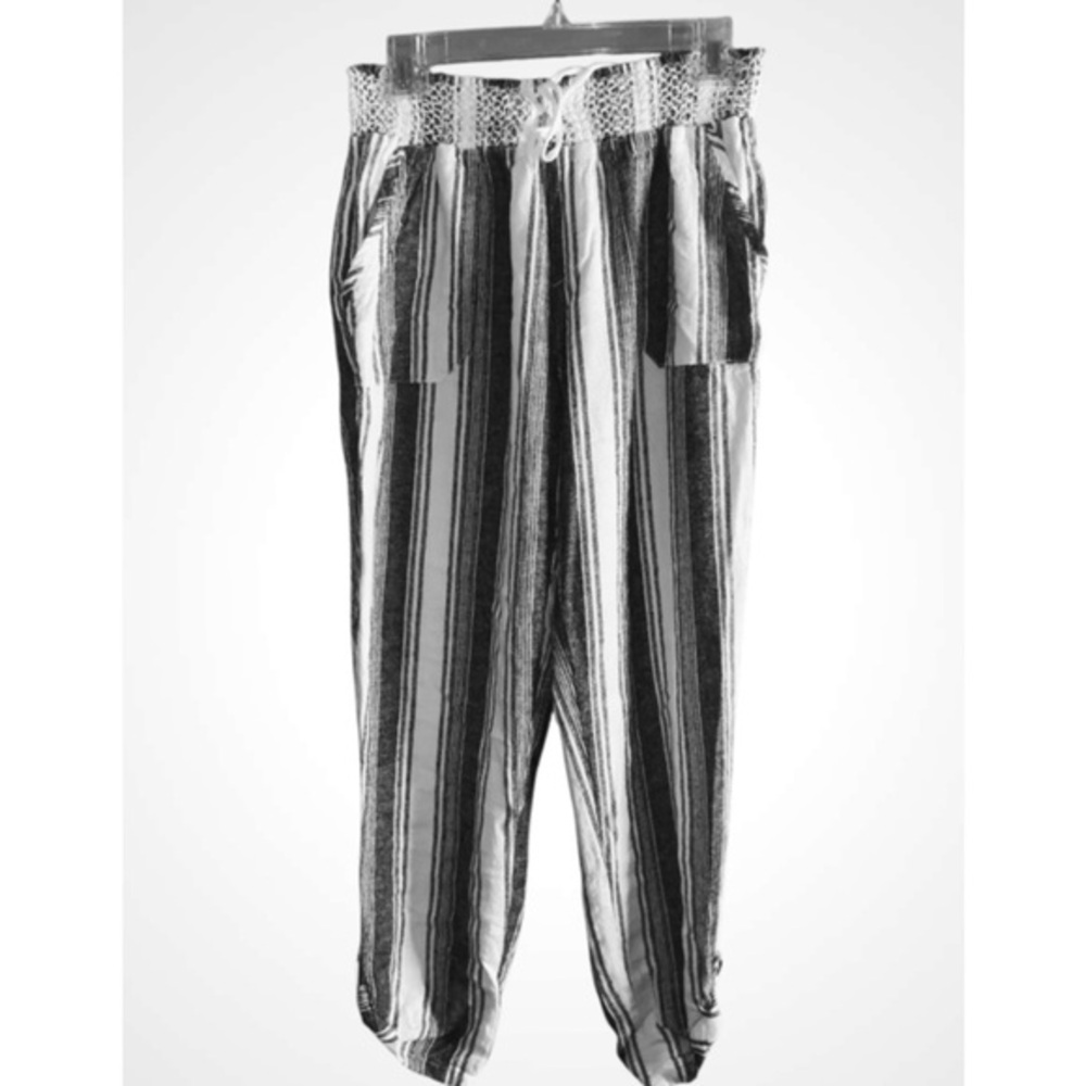 Rewash Black and White Striped Linen Blend Wide Leg Palazzo Pants Pockets Large